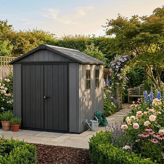 Newton 11’x7.5’ Plus Side Entry Plastic Shed Graphite