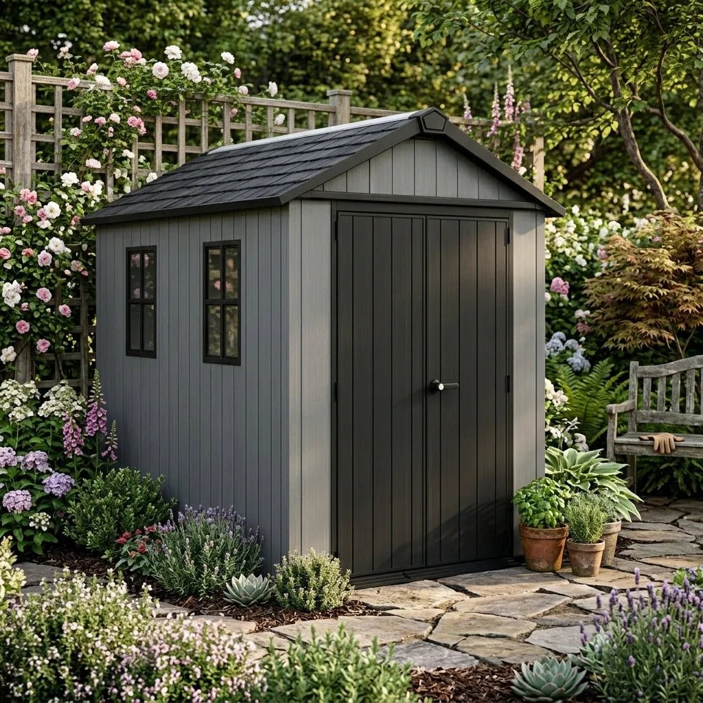 Newton 11’x7.5’ Plus Side Entry Plastic Shed Graphite