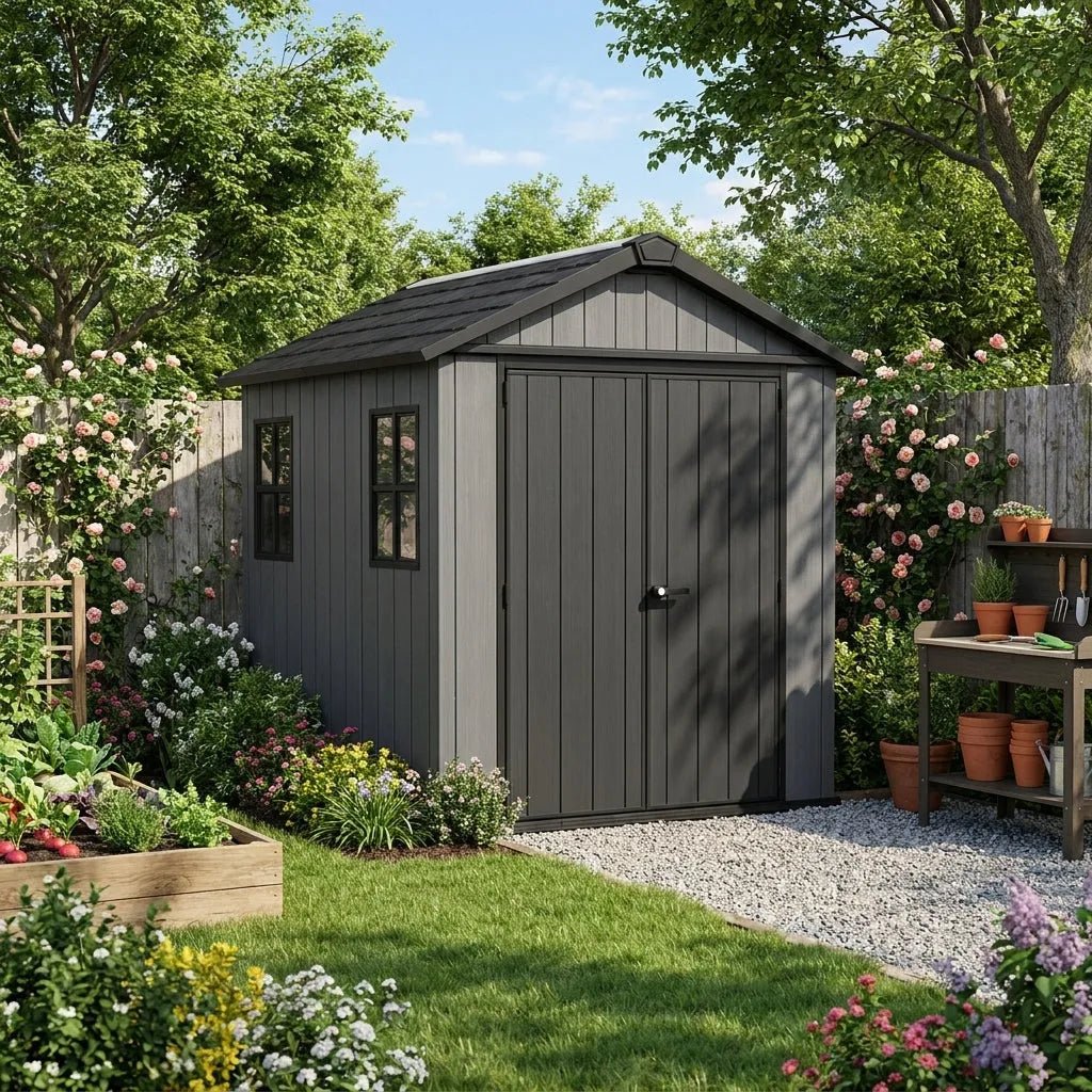 Newton 7’x7.5’ Plus Side Entry Plastic Shed Dark Grey