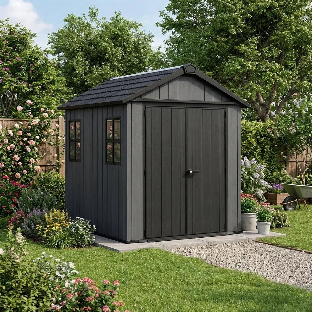 Newton 7’x7.5’ Plus Side Entry Plastic Shed Dark Grey